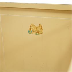 *Mid 20th century nursery set, comprising a cream painted metal cot with adjustable base, a wicker baby basket on wheeled stand, and a folding nursery screen with printed fabric panels decorated with playful animal and teddy bear motifs

Cot (H 112cm, W 136cm, D 77cm)
Screen (H 139cm, W 148cm) 
Basket (H 72cm, W 59cm, D 40cm)From the Kirkham Hall Attic & Cellar Collection, sold without reserve
