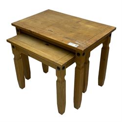 Nest of two pine occasional tables (66cm x 42cm, H54cm); pine square occasional table (59cm x 59cm, H54cm)