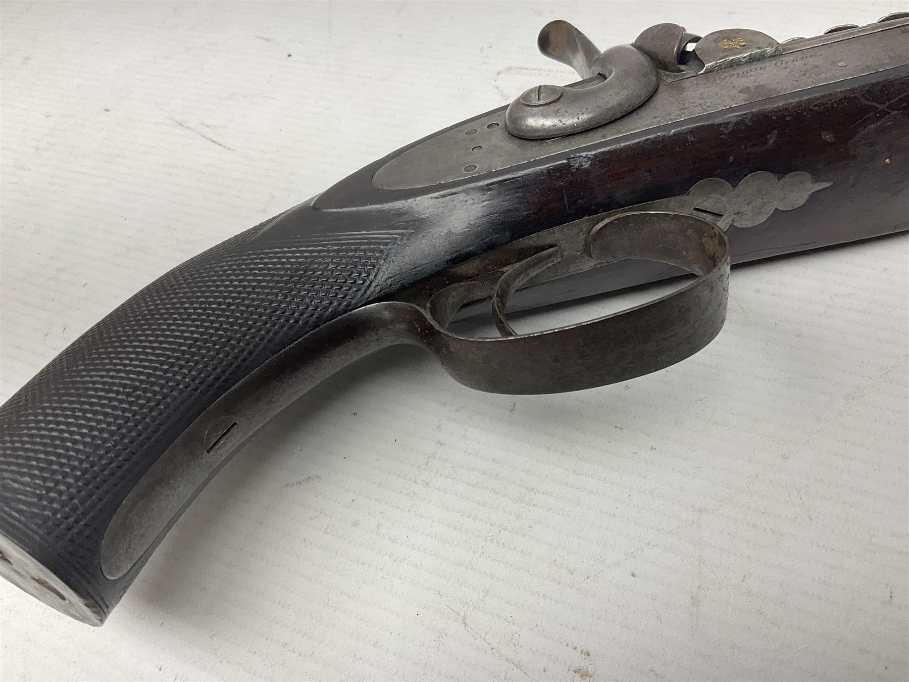 19th century George Gibbs of Bristol .461 cal. muzzle loading percussion match rifle with 28cm cut-down barrel and cut-down stock, Metford type rifling, fitted with additional three folding leaf rear sight to 400yds, back action sight still fitted to tang, maker's name to lock and top of barrel, serial no.439. L46.5cm overall