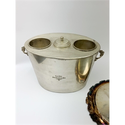 A twin handled twin bottle wine cooler, marked to front and back Grand Hotel Saint Germain-des-Pres 1925, excluding handles L32cm, together with a silver plated salver, D31.5cm. 