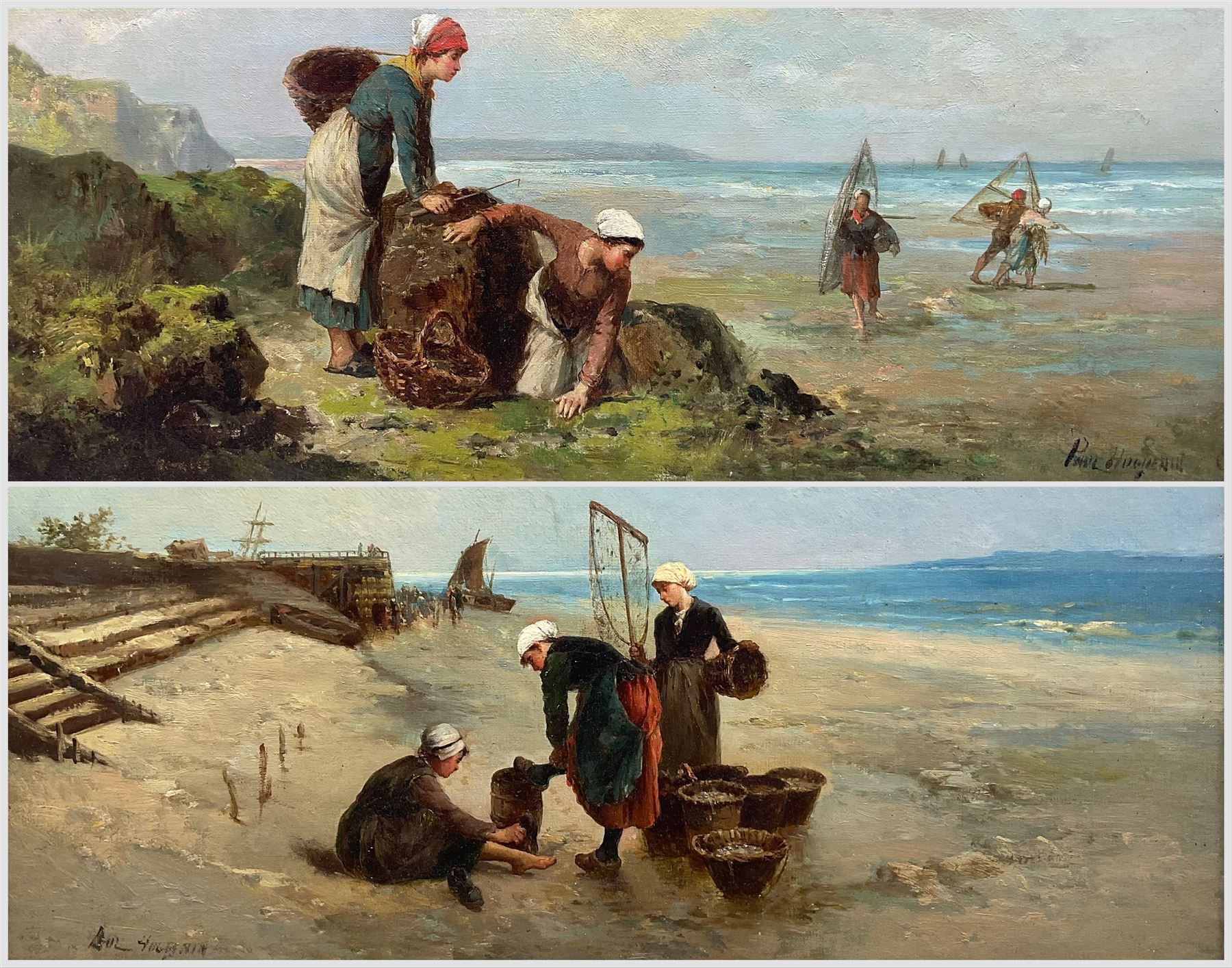Paul Huguenin Virchaux (Swiss 1870-1919): Fishergirls on the Shore, pair oils on canvas signed 34cm x 64cm (2)