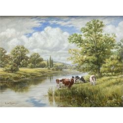 Glynn Williams (British 1955-): 'Cows Grazing by the River', oil on board signed, dated '98 on original receipt 29cm x 39cm
Provenance: with Hibbert Bros., Sheffield, label and receipt verso