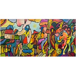 Christine Gloria Cox (Scarborough 1942-2014): Surreal Portraits, acrylic on board, one signed with monogram and with partial exhibition label verso max 62cm x 92cm (2)