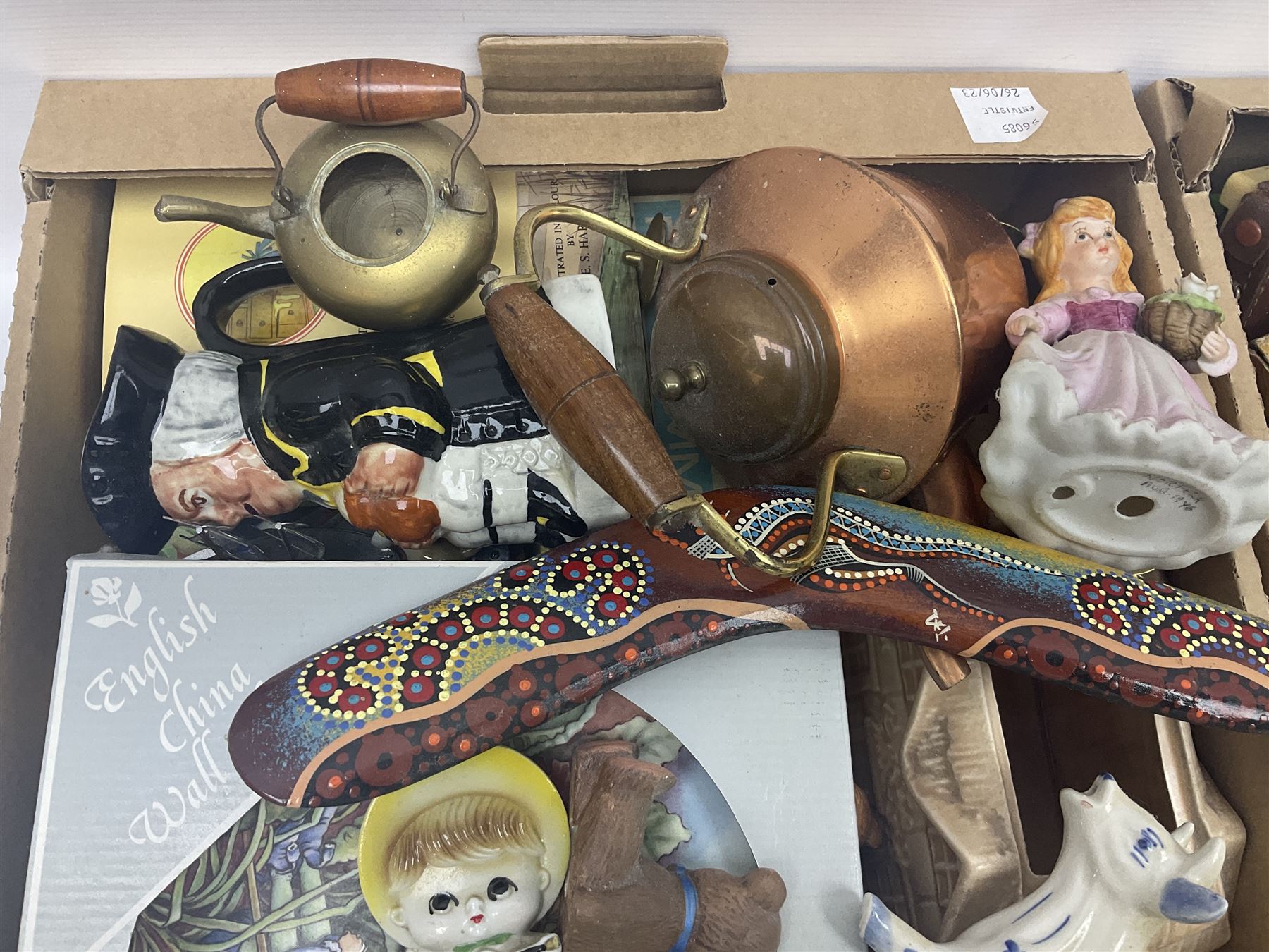 Selection of collectables, to include glass handbags, brass chargers, ceramics etc, in three boxes 
