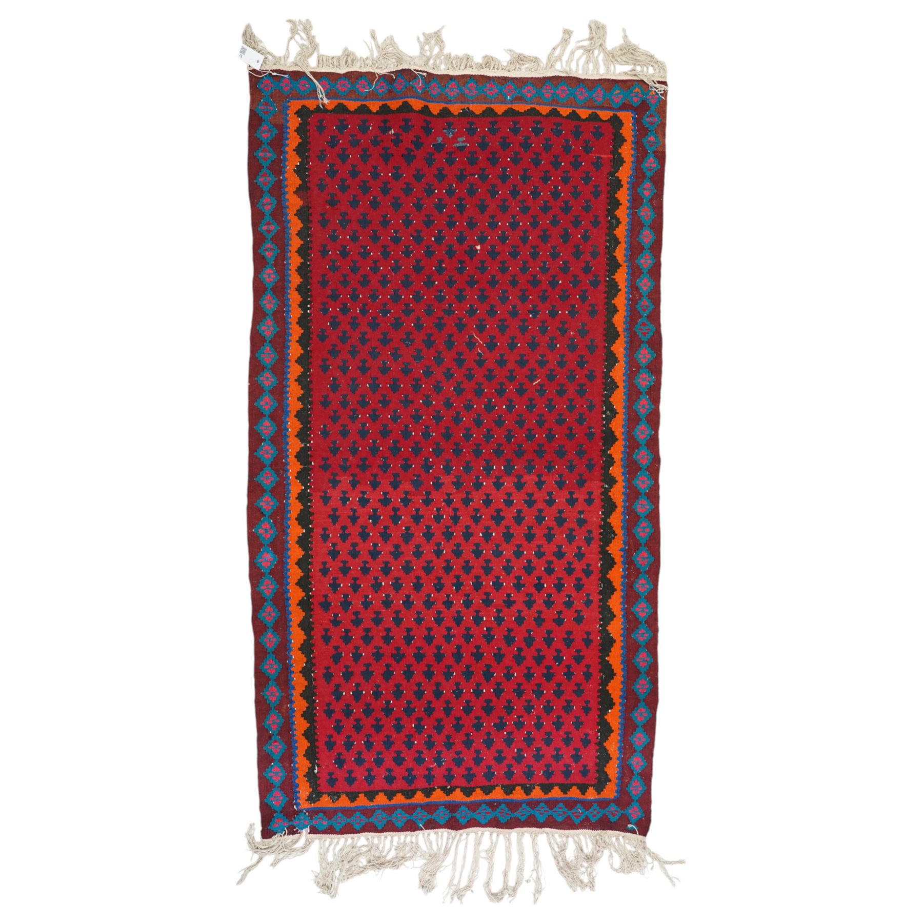 Group of four late 20th century wool kilim rugs, comprising a narrow tribal runner with stylised tree motifs and hooked guard bands (H 180cm, W 56cm), a lozenge medallion rug with decorative striped ends (H 125cm, W 75cm), a red and blue kilim with trefoil repeat field and multicoloured border bands (H 187cm, W 98cm), and a wide horizontal striped example with alternating lozenge and linear motif rows (H 260cm, W 173cm)