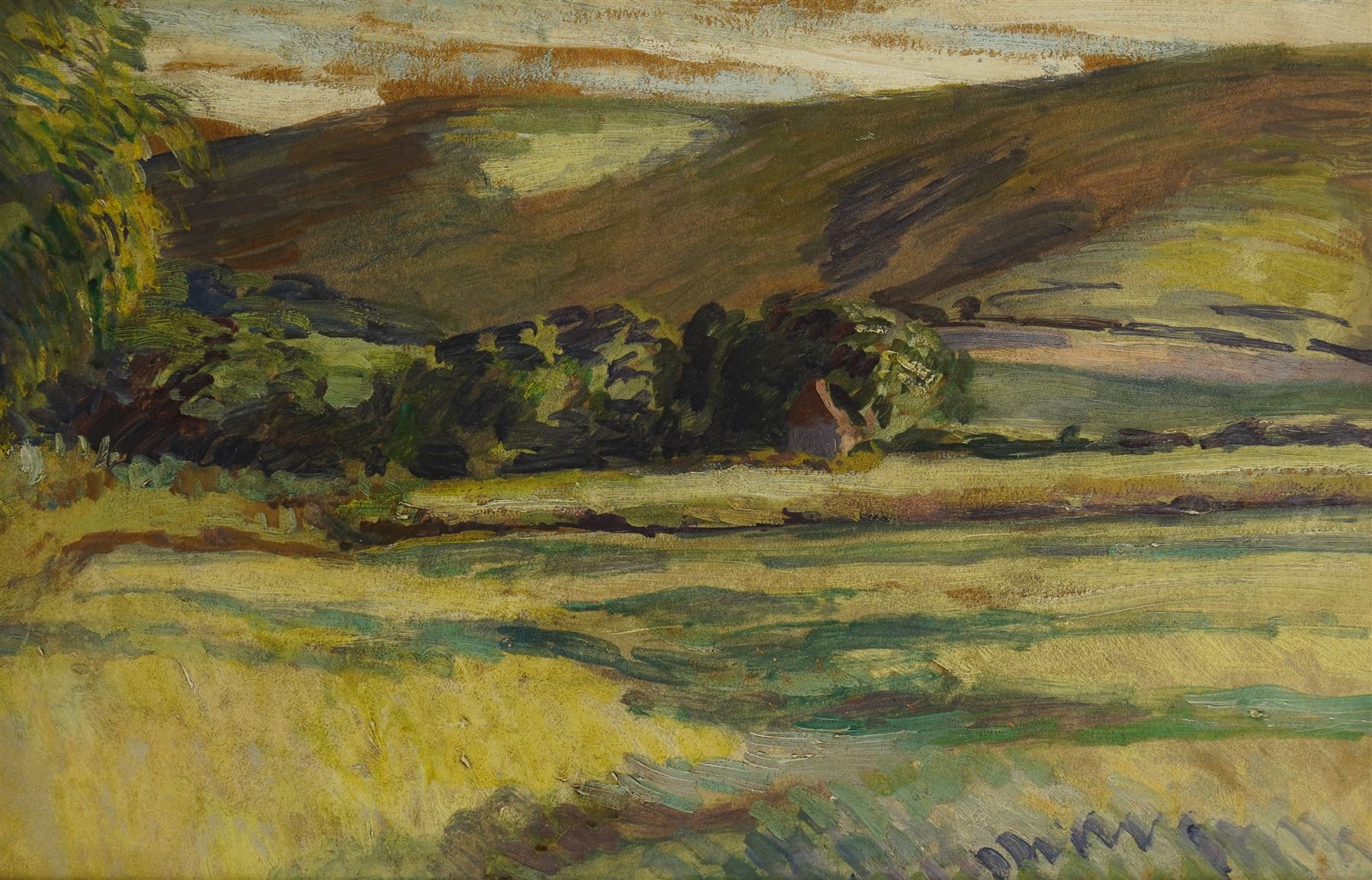 Duncan Grant (British - Bloomsbury Group 1885-1978): 'Landscape near Firle' East Sussex', oil on board unsigned, titled on gallery label verso 27cm x 42cm
Provenance: Spink, King Street, London