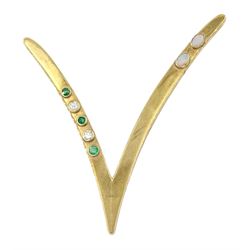 9ct gold bezel set round brilliant cut diamond, emerald and opal old 'V' design brooch