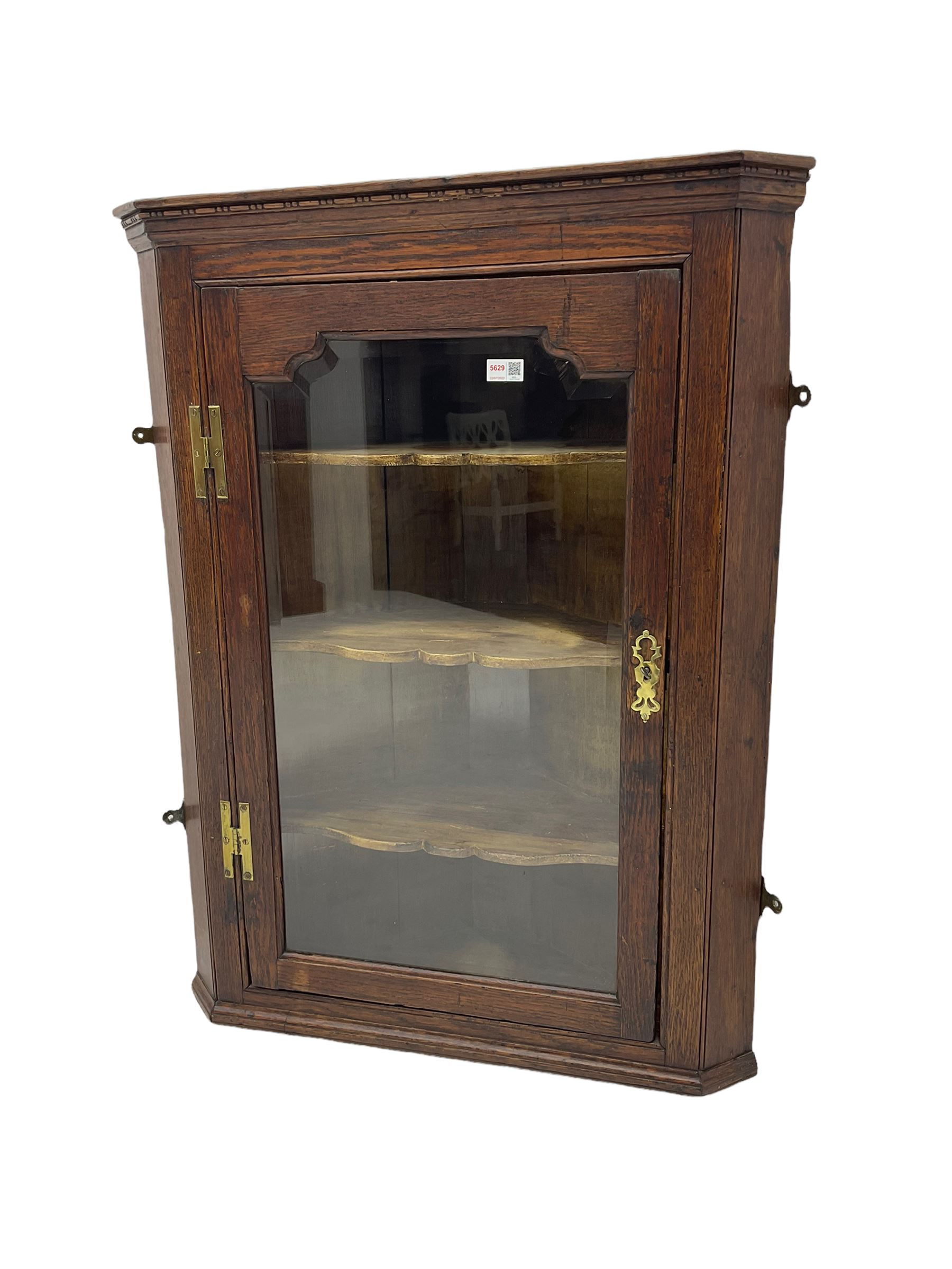 Georgian oak wall hanging corner cupboard, single bevelled glass door (W75cm, H98cm), child’s chair, pair bedroom chairs