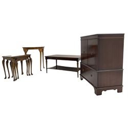 Rectangular mahogany coffee table (103cm x 56cm, H48cm); mahogany media cabinet with SONY television (W79cm, H95cm, D45cm); nest of three figured walnut tables (W57cm, H56cm, D41cm); and a figured walnut console table (W75cm, H73cm, D38cm)