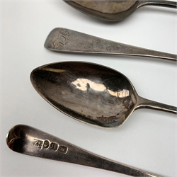 A set of six George III teaspoons, of Old English pattern with engraved initials to terminal, hallmarked Samuel Godbehere, Edward Wigan & James Boult, London 1807, together with a cased faux amber cheroot holder with unmarked gold mount. 
