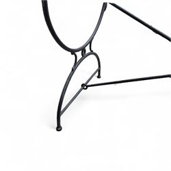 Wrought steel rectangular conservatory dining table, with glass top; and six, four side and two armchairs, with lattice backs and X framed bases, loose cushions