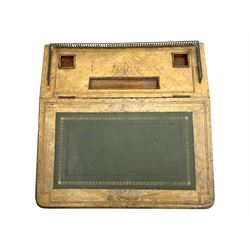 Early 19th century burr walnut Davenport desk, sloped leather-inset writing surface with brass gallery, fitted with an inkwell compartment and pen slot, four drawers to one side, raised on scrolled supports terminating in castors
