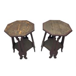 Pair Arts & Crafts period side tables, octagonal moulded top, on four supports with pierced decoration terminating at splayed feet, the supports joined by octagonal undertier, with label 'Palliser's Wolverhampton'