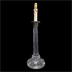 Near pair of large 19th century cut glass table lamps, each of columnar form with diamond cut tapering stem and silver plated Corinthian capital, raised upon a circular faceted foot (one slightly smaller), H71cm overall 