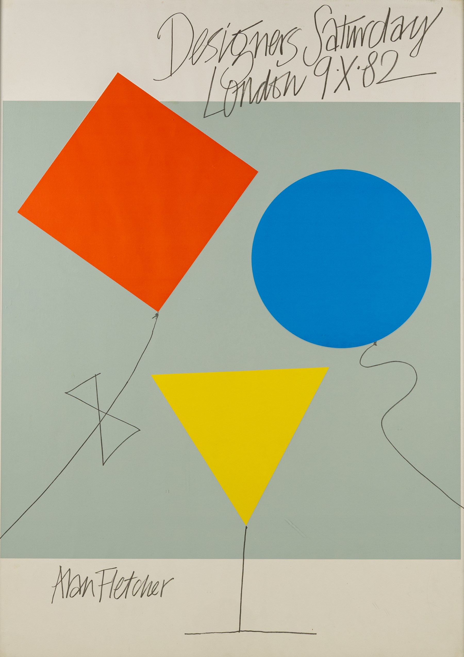 After Alan Fletcher (British 1931-2006): Designers' Saturday London 9th October 1982, printed poster 82cm x 57cm
Notes: This event, held at multiple showrooms across London, gave interior designers and architects the opportunity to meet with suppliers outside of regular working hours. The idea originated in New York, and has since been repeated in many major European cities, and still takes place in Oslo.