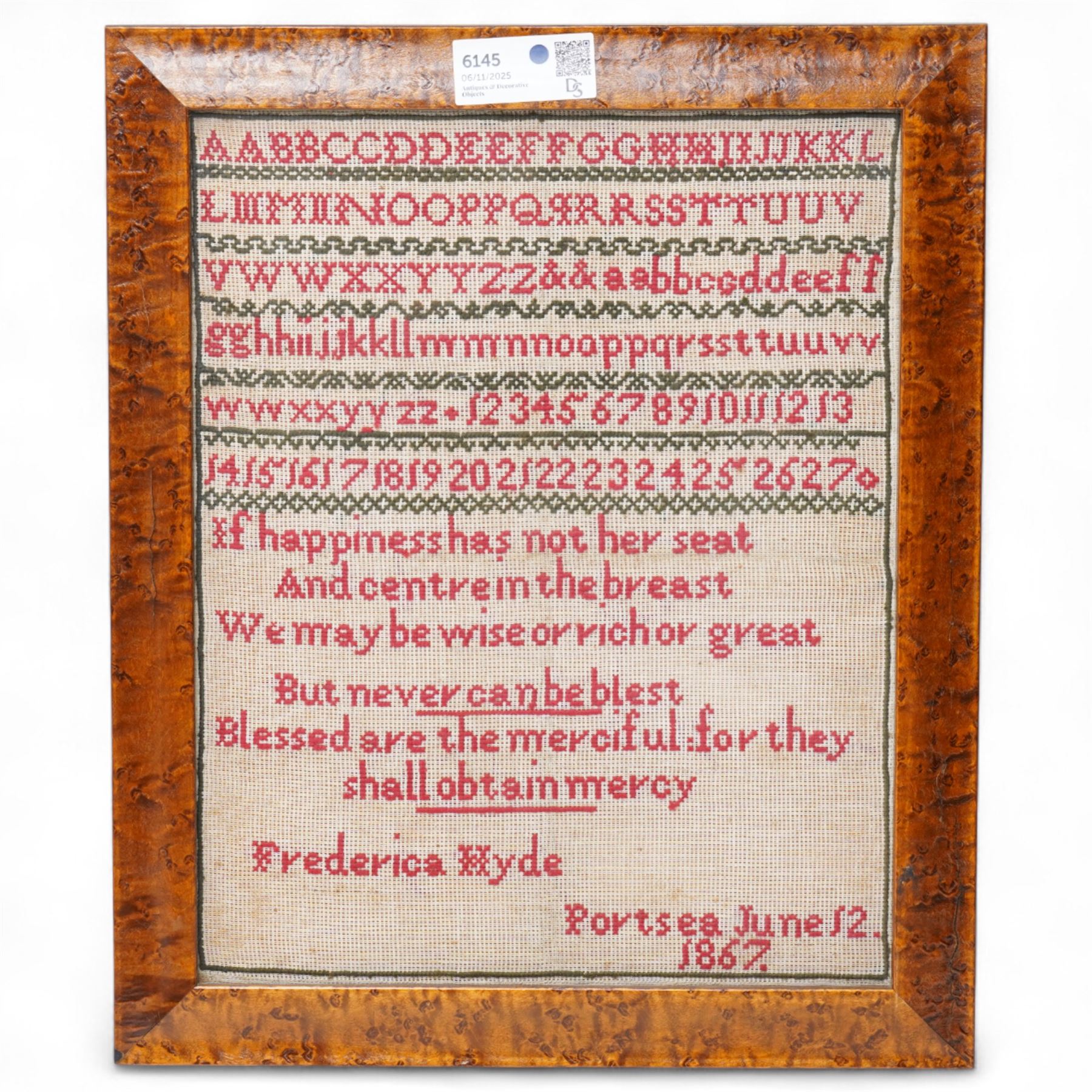 19th century needlework sampler by Frederica Hyde Portsea Jun 12 1867 with alphabet and numerals etc, framed 40cm x 32cm