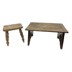Arts and Crafts oak stool with carved quatrefoil decoration, together with another smaller stool, largest H23cm W45.5cm D29cm