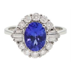18ct white gold oval tanzanite, baguette and round brilliant cut diamond cluster ring, stamped 750, tanzanite approx 1.20 carat, total diamond weight approx 0.50 carat