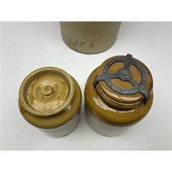 Large 2 gallon stoneware flagon, stamped 'John Soulby Wine Merchant Malton 2 Gall', together with a collection of similar stoneware jars and bottles, largest H40.5cm
