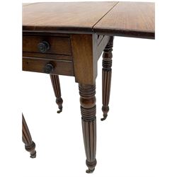 Early 19th century mahogany work table, rectangular drop leaf top with rounded corners, fitted with single through drawer, raised on Gillows type turned and lobed supports terminating at brass cups and castors 