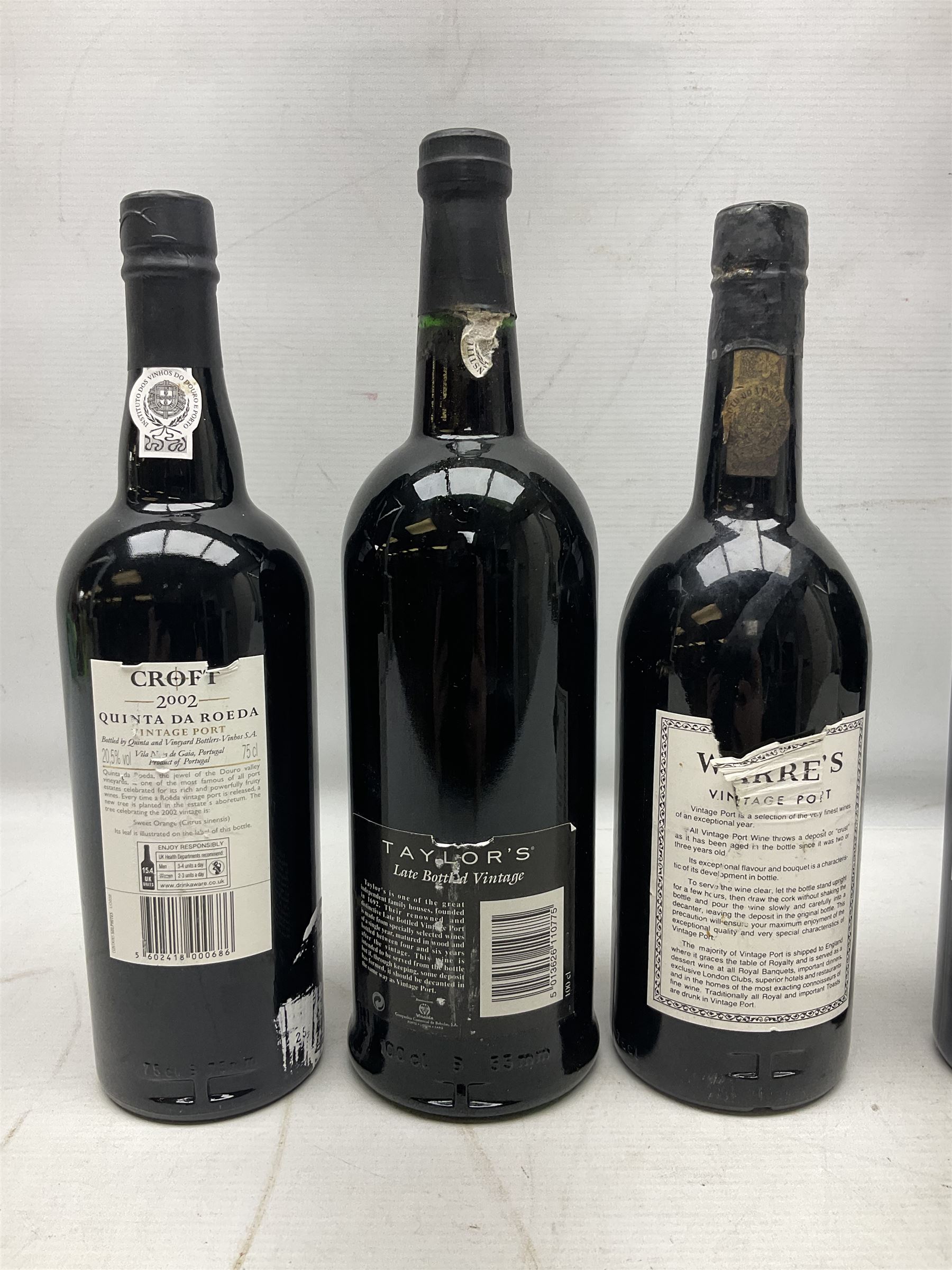 Mixed port, comprising Warre's 1977, vintage port, Quinta do Estanho, 1997, vintage port, Croft Quinta da Roeda, 2002, vintage port, Taylors, 1994, port and Taylors 2015, port, various contents and proof (5)