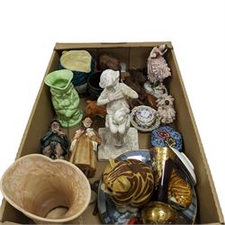Ceramics and miscellaneous collectables, including hexagonal cloisonne box, ceramic figures, vase, wooden elephants etc, in one box
