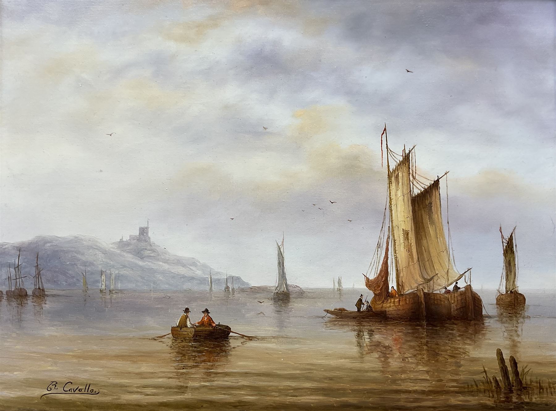 Ronald Cavalla (British 1940-): Boats in a Calm, oil on canvas signed 30cm x 40cm