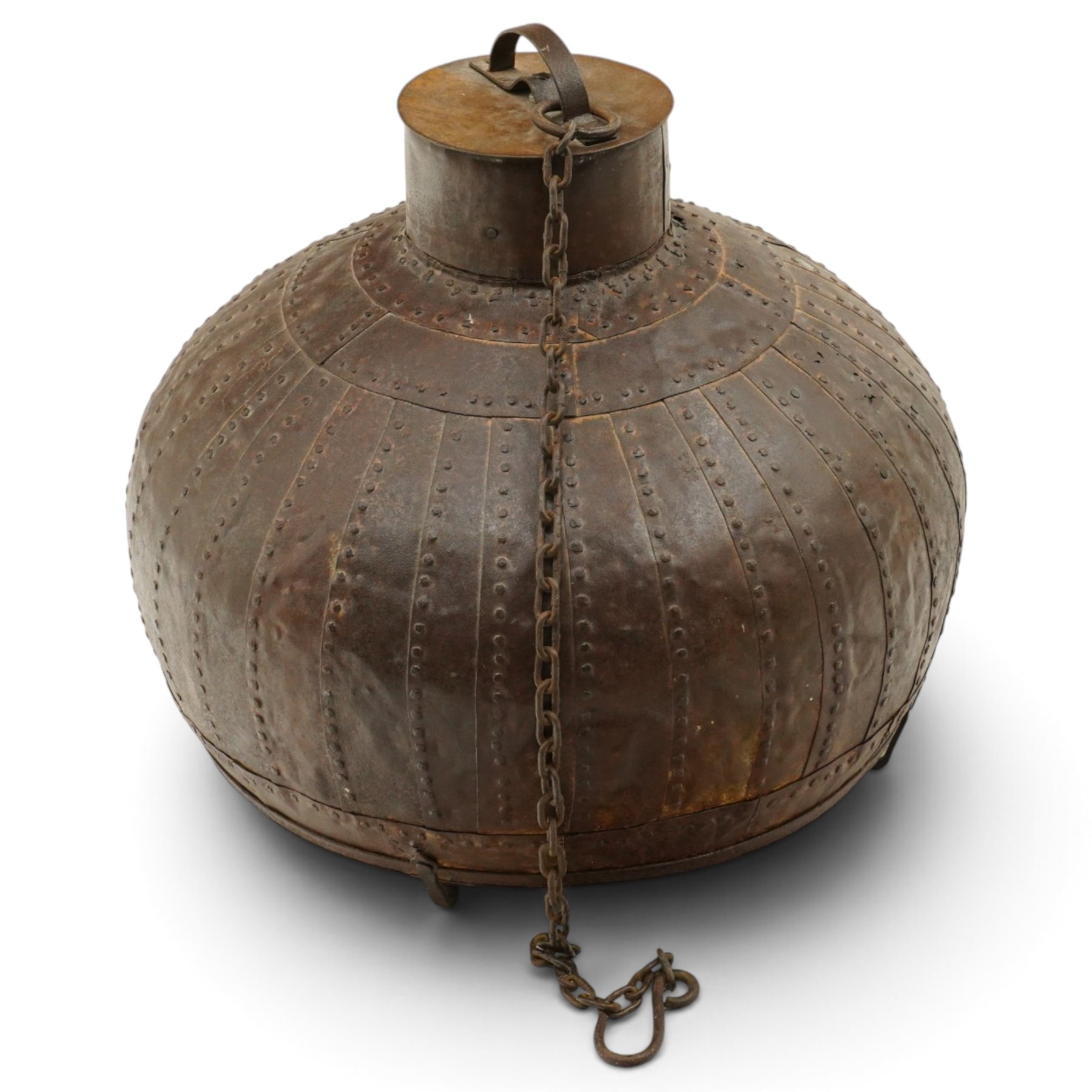 19th century and later Indian wrought iron riveted strapwork light fitting shade, modelled on a water vessel, with wrought iron hanging chain