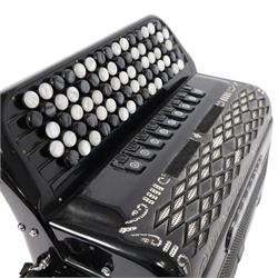 Borsini Professional 5-Row Chromatic button accordion, with 92 white pearlescent chromatic buttons and 136 bass buttons, possibly a custom model, in black high gloss case, with carry strap and original hard carrycase