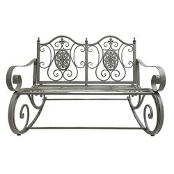 Regency design wrought metal rocking garden two seat, pierced back with scroll design over strap seat, with C-scroll back supports, in antique grey finish
