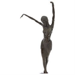 Art Deco style bronze figure of a female dancer after Demetre Chiparus, with signature to base, upon a black marble plinth, H49cm