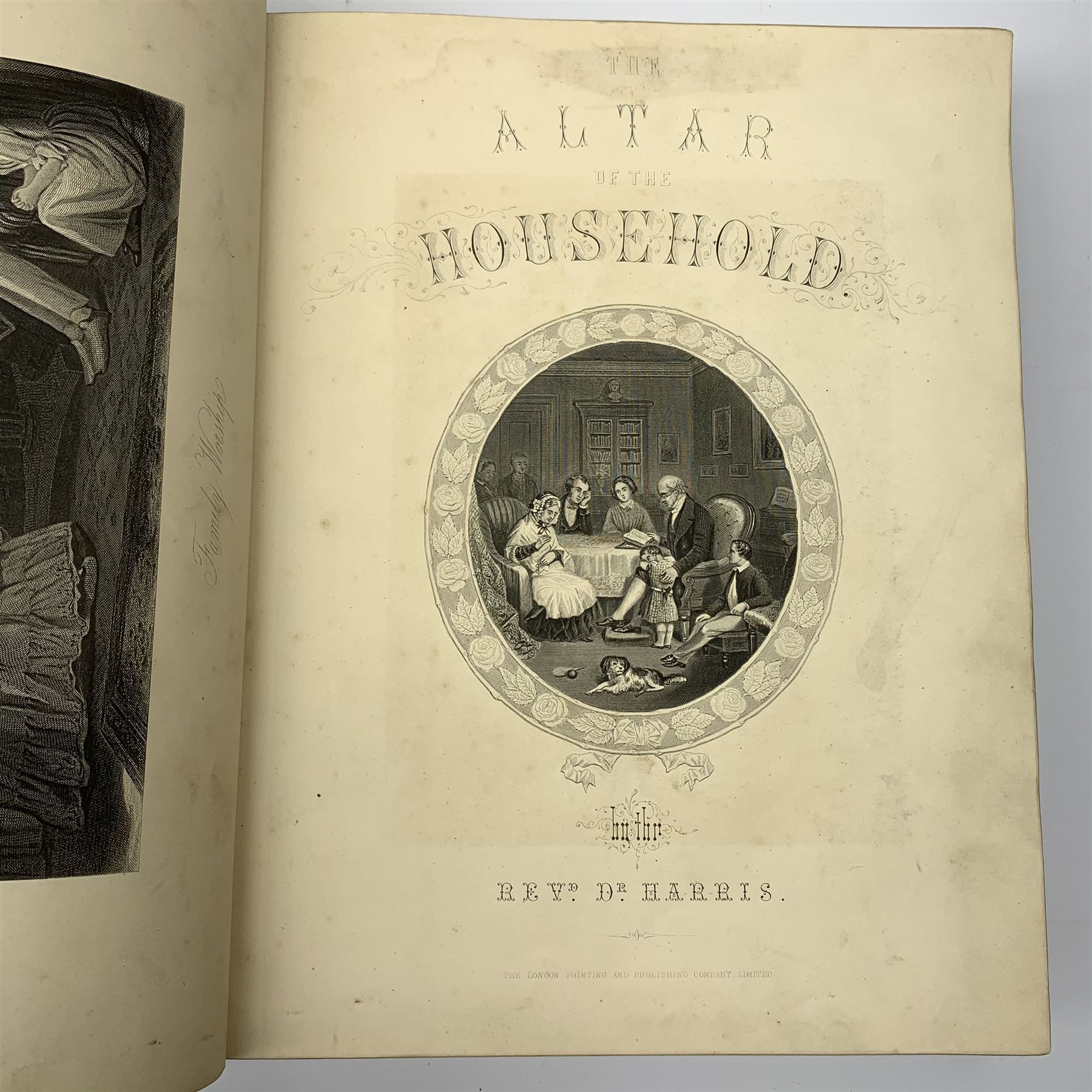Victorian Rev. John Eadie leather bound Family Bible; three other Victorian leather bound Bibles; and another Victorian leather bound book The Altar of the Household edited by the late rev. John Harris (5)
