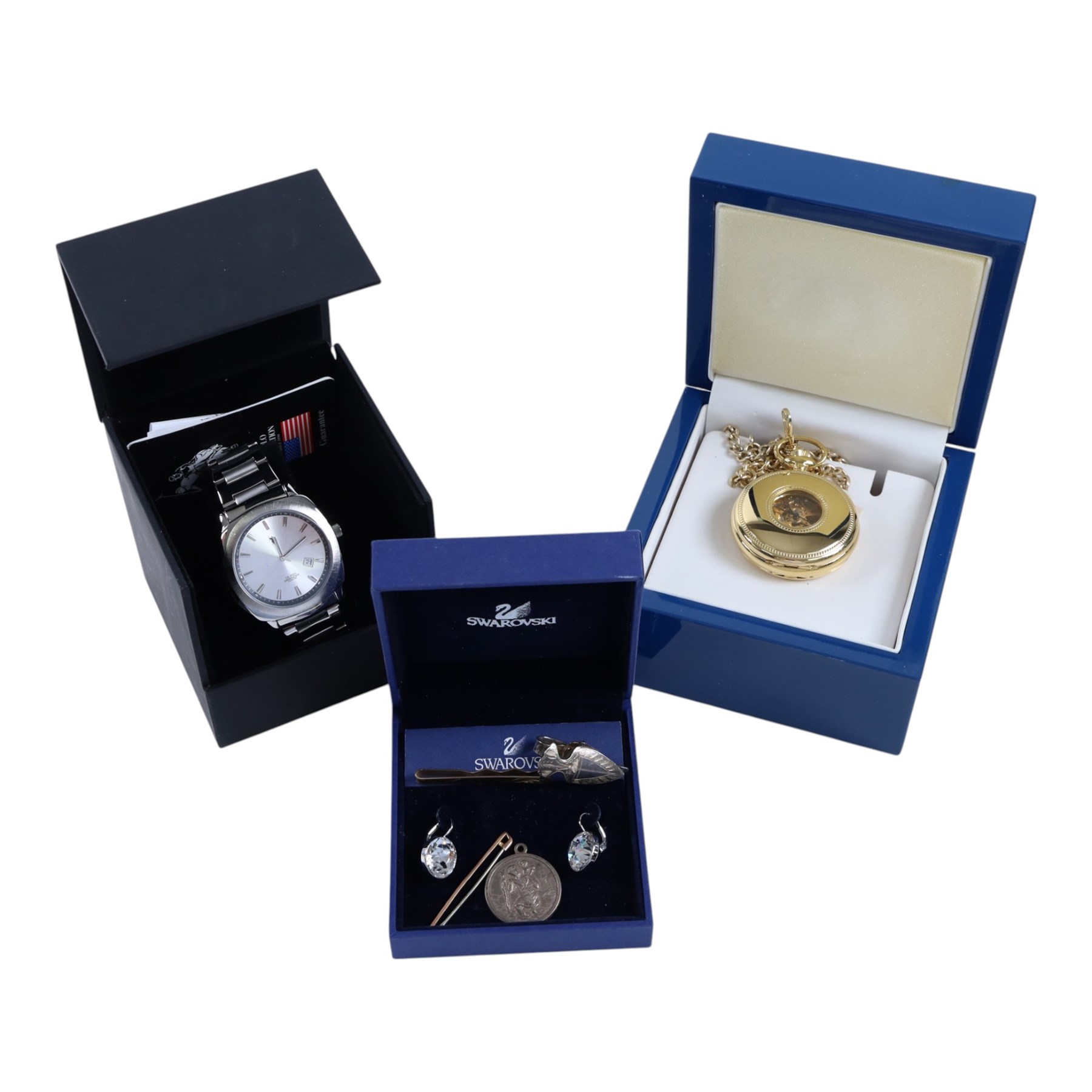 9ct gold tie clip and bar brooch, silver money clip, silver St Christopher, pair of Swarovski Crystal earrings, Rotary pocket watch and a US Polo Association wristwatch