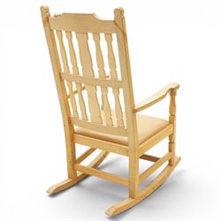 Beaverman - oak 'Ripley' rocking chair with shaped lathe backs and leather seat, with signature Beaver carving to the top rail, flanked by Yorkshire Roses, by Colin Almack of Sutton near Thirsk