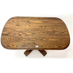 Medium oak rectangular coffee table, moulded top, cup and cover column on ‘X’ shaped base