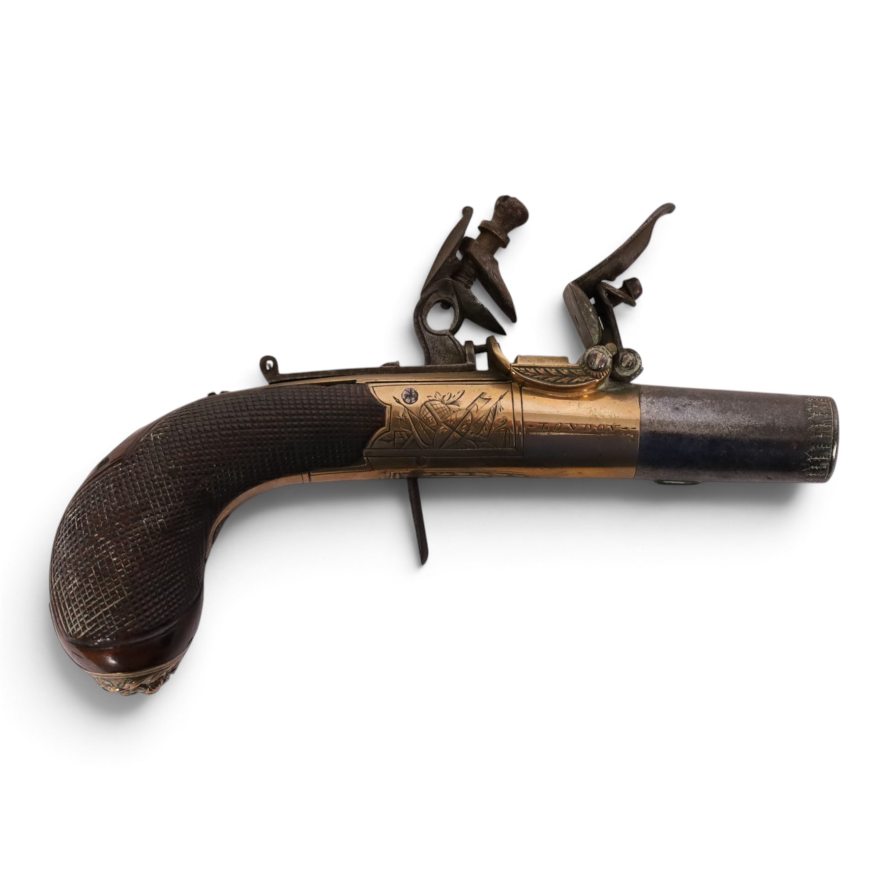 Pair early 19th century flintlock pocket pistols by Twigg of London, with 4cm twist-off barrel, concealed trigger, engraved and named action, chequered stock with vacant wrist cartouche and lion mask butt cap, overall L15cm 