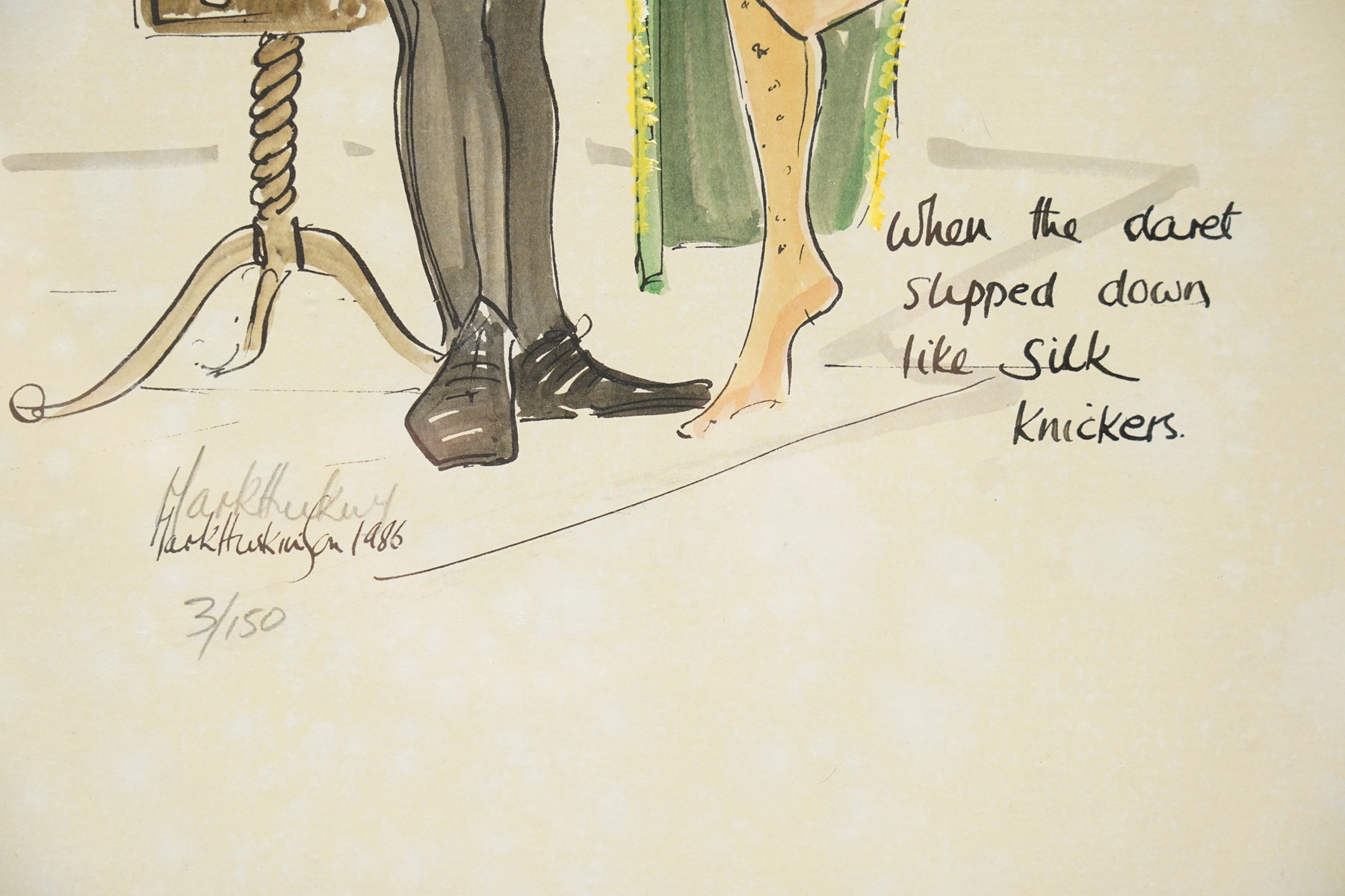Mark Huskinson (British 1935-2018): 'Adjacent Hunts' and 'When the Claret Slipped Down like Silk Knickers', pair of limited edition prints finished with watercolour and acrylic signed and numbered 1/150 and 3/150 in pencil max 43.5cm x 30.5cm (2)