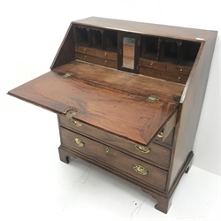19th century mahogany bureau, fall front enclosing fitted interior, four drawers, shaped bracket supports, W96cm, H109cm, D52cm