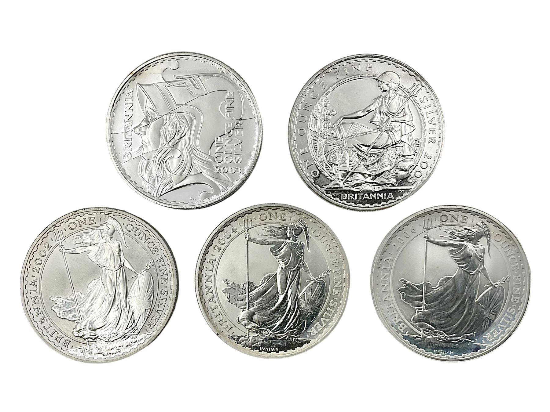 Five Queen Elizabeth II United Kingdom one ounce fine silver Britannia two pound coins dated 2002, 2003, 2004, 2005 and 2006