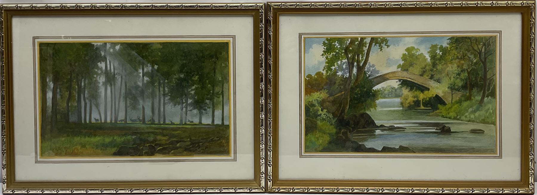 Nathan Stanley Brown (British 1890-1980): 'Beggars Bridge Glaisdale' & 'Early Morning Mist in the Forest', pair watercolours signed, titled verso 26cm x 42cm (2) 