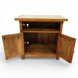 Barker & Stonehouse - ‘Flagstone’ inlaid mango wood television or media cabinet, rectangular moulded top with geometric inlaid panels, open central media shelf over a pair of panelled cupboard doors with inlay and metal ring handles, enclosing fixed shelving, raised on turned bun feet