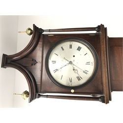 19th century inlaid mahogany longcase clock, circular silvered Roman dial with date aperture inscribed 'W. West, St Ives', eight day centre second regulator movement striking the hour on bell, H220cm (two weights and pendulum)