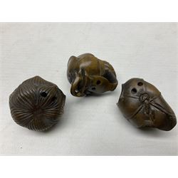 Six netsuke, modelled as a lizard, cricket, frog, bird on a flower, turtle and insect