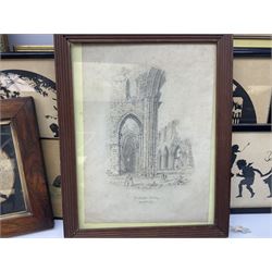 English School (19th century): 'Kirkstall Abbey - the South Side', pencil sketch unsigned and titled together with a Victorian felt stitched silhouette, small watercolour, five pieces early 20th century silhouette art and other prints max 35cm x 30cm (16)