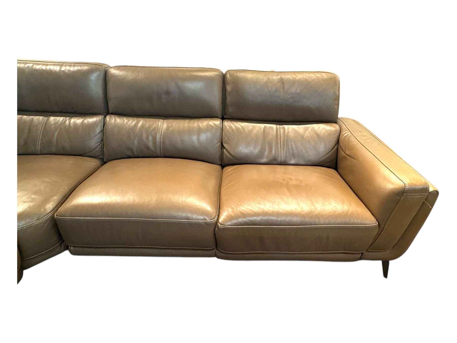 San Antonio six-seat corner reclining sofa, upholstered in pecan leather, modular design with battery-operated reclining function, supportive backrests and deep seat cushions, on chrome supports
