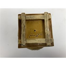 Minton majolica vase, the squat body with twin handles, with part osier moulding and applied Spring flowers against a cobalt blue ground, upon integral square base, impressed beneath Minton 1316, H16.5cm