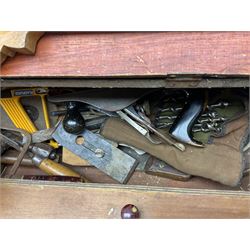 Large wooden tool box and carpenters tools, to include tenon and panel saws, box plane, mallet, chisels etc