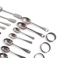 Collection of Victorian and later silver flatware, all hallmarked and four silver wirework napkin rings 