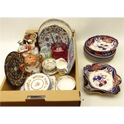  Pair 19th century Chinese export plates, Paragon part teaware, Staffordshire flatback group, cranberry lidded jar, Victorian Ashworth & Co. dessert service comprising nine plates and three serving dishes and other decorative ceramics & glass in one box   