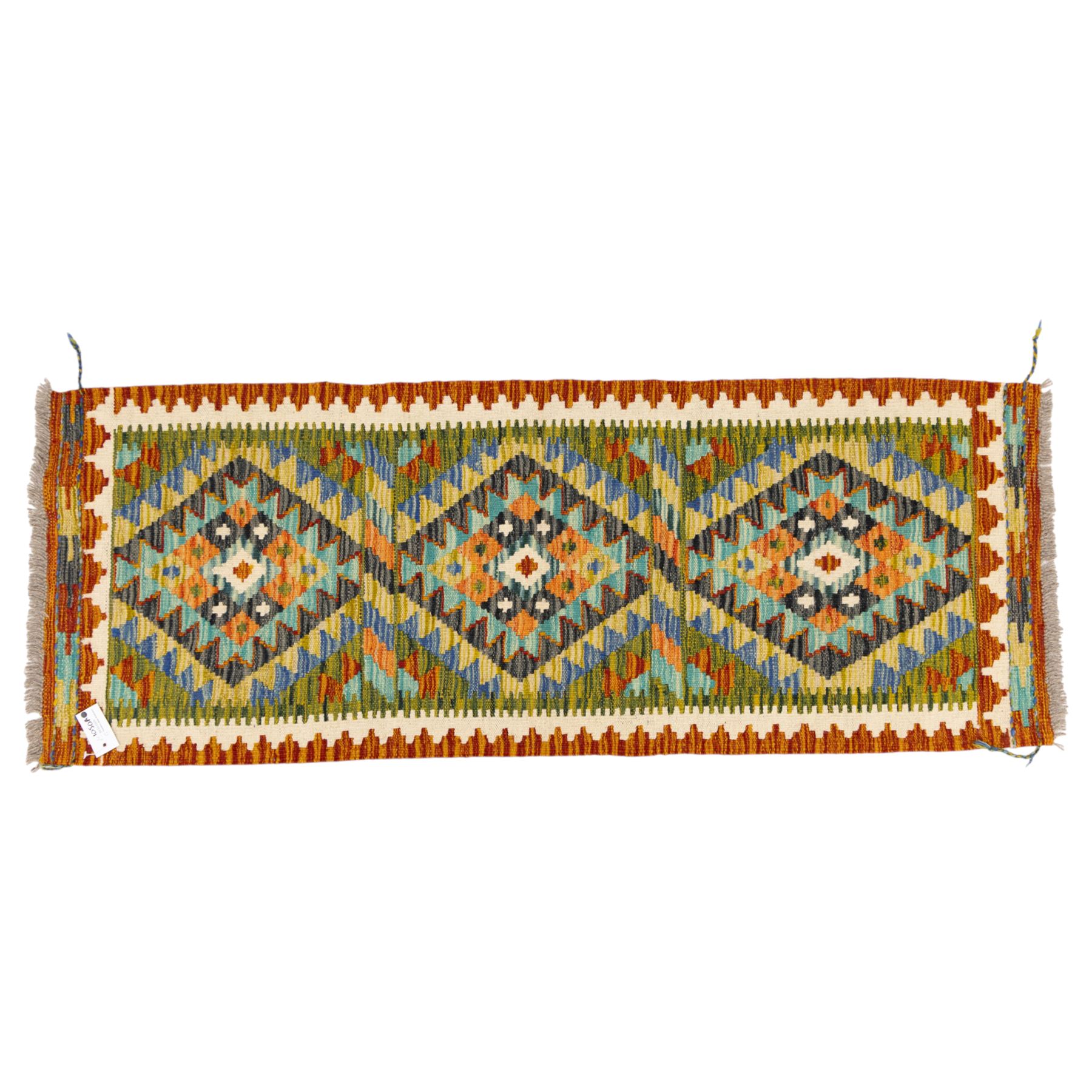 Two Chobi flatweave kilim runners with a repeating stepped diamond medallion design in live green, rust, teal, purple, and ivory, framed by chevron and geometric borders, (2)